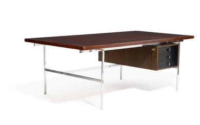 Jørgen Kastholm, Preben Fabricius: Writing desk with chromium-plated steel frame, stained oak top and drawer section. H. 70. L. 200. W. 100 cm.