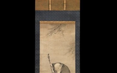 Kanō school painting attributed to Kanō Utanosuke Yukinobu 狩 野 雅 楽 之 助 之 信 (act ca 1513-1575) - Scroll, ink on paper, mounting on silk - God of Good Fortune Hotei 布袋 resting on his bag of riches - Japan - 16th century (Muromachi period)
