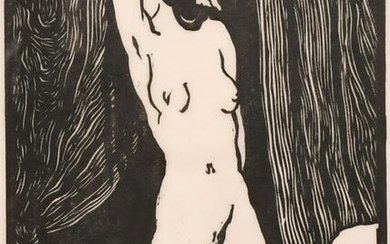 Karl Thylmann, a woodcut of a kneeling female nude