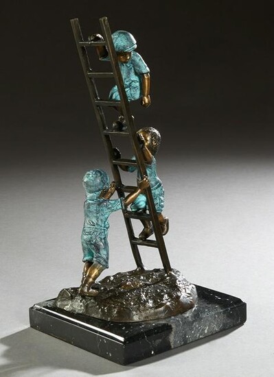 "Kids on a Ladder," 20th/21st c., patinated bronze