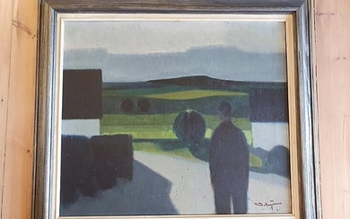 NOT SOLD. Knud Horup: Landscape with person and houses. Signed Horup. Oil on canvas. 77 x 87 cm. Framed. – Bruun Rasmussen Auctioneers of Fine Art
