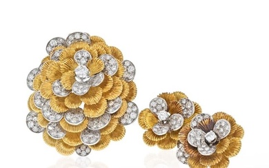 Kutchinsky Platinum & 18K Yellow Gold Diamond Flower Brooch And Earrings Jewelry Set