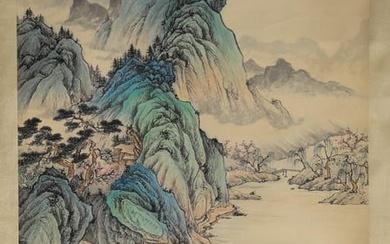 LANDSCAPE, INK AND COLOR ON PAPER, HANGING SCROLL, WU HUFAN