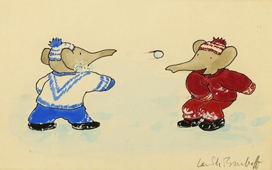 LAURENT DE BRUNHOFF. Snowball fight (Pom and Flora). Story illustration for Les Leçons...