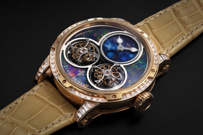 LOUIS MOINET, SIDERALIS DOUBLE TOURBILLON REF. LM46.50, A UNIQUE GOLD AND DIAMOND WRISTWATCH WITH OPAL DIAL