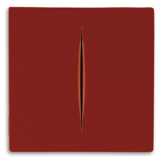 LUCIO FONTANA Concetto Spaziale (Rosso). Synthetic vacuum-formed plastic multiple, 1968. 295x295 mm; 11...