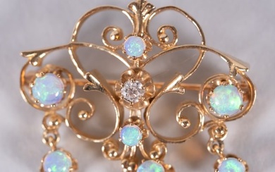 Lady's 14K Yellow Gold, Opal and Diamond Brooch/Pendant