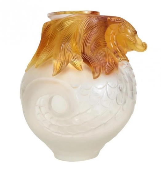 Lalique Imperial Dragon Vase Frosted Crystal & Amber