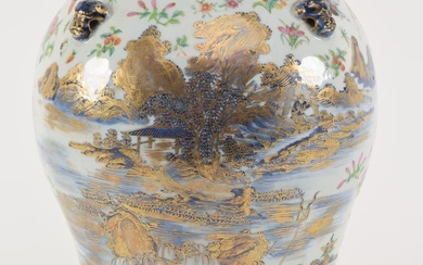 Large 19th century Chinese famille rose porcelain jar with gilt underglaze blue landscape with bird