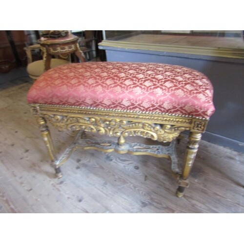 Large Carved Giltwood Stool Antique with Upholstered Seat ab...