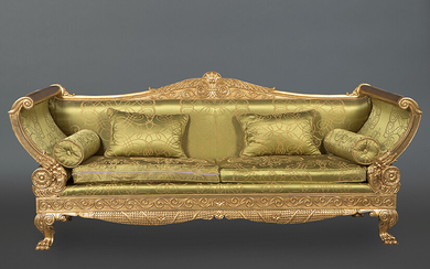 Large Empire style sofa in carved and gilded wood with relief decoration of vegetable elements. Legs finished in claws. Green silk damask upholstery. Measurements: 105x80x260 cm. Exit: 3000uros. (499.158 Ptas.)