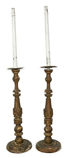 Large Italian Carved Wooden Candlesticks, Pair