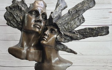 Large Original Abstract Bronze Bust Sculpture Of Couple "Romantic Romance" Signed Jean Patoue