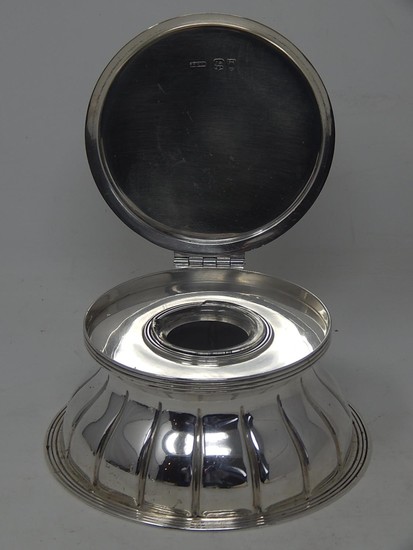 Large Victorian Silver Inkwell with Hinged Lid & Glass Base:...
