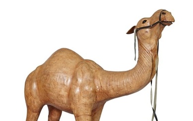 Large Vintage Leather Camel Figure, 20th c., over plaster, with a cloth and wood armature, wood feet
