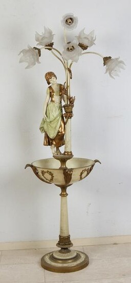 Large metal polychrome floor lamp with jardiniere and
