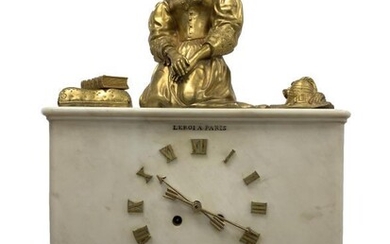 Late 19th century figural mantel clock, white marble case...