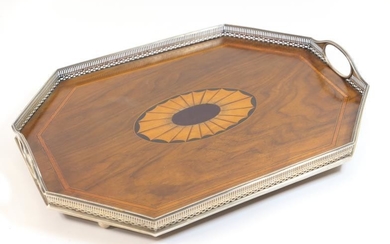 Late Victorian silver walnut and marquetry serving tray, maker...