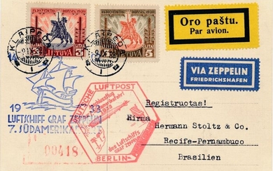 Lithuania 1933 - Zeppelin post - 7th South America flight, connecting flight from Berlin, delivery post Lithuania geflogen nach Brasilien mit Ankunftsstempel, Michel 337a