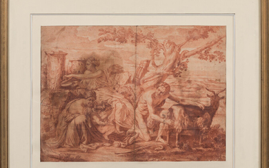 Lot 9 ECOLE FRANCAISE du XIXème siècle, d'après Nicolas POUSSIN L'enfance de Bacchus Sanguine 39 x 55 cm Pliure...