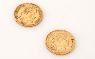 Lot de deux pièces de 20 Francs or 1861 et 1911. Poids brut : 12.8g...