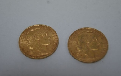Lot of 2 pieces 20 frs gold cockerel 1904 and 1909 . Weight 12,91 g.BE