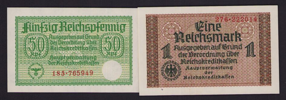 Lot of paper money: Germany 50, 1 Reichspfennig (2)