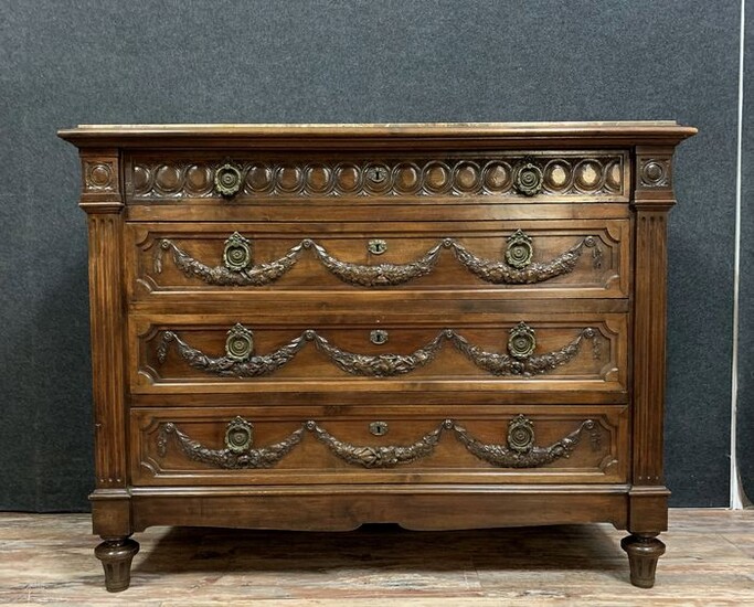 Louis XVI chest of drawers in walnut topped with a very nice Pyrenean marble - Walnut - Mid 19th century