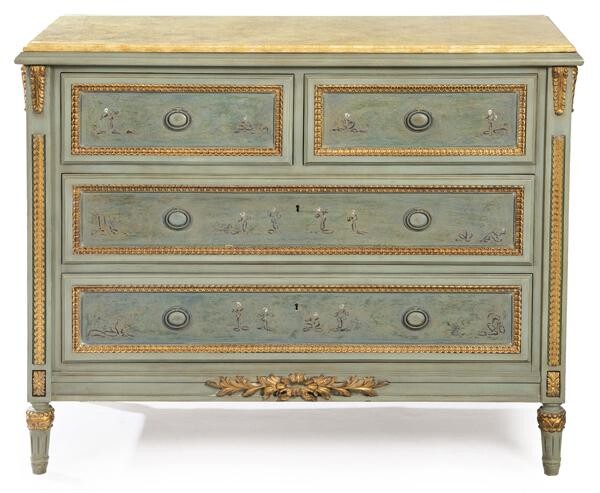 Louis XVI style chest of drawers in carved, lacquered