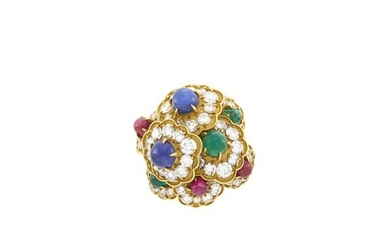 M. Gérard Gold, Cabochon Colored Stone and Diamond Floret Cluster Dome Ring, France