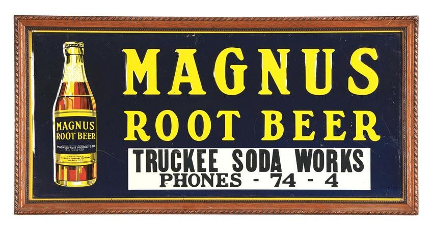 MAGNUS ROOT BEER EMBOSSED TIN SIGN W/ BOTTLE GRAPHIC &