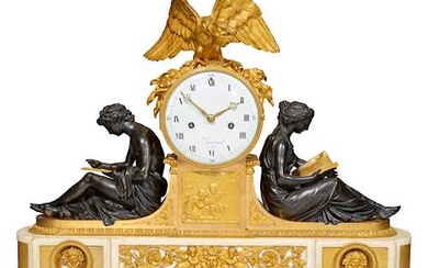 MANTEL CLOCK "L'ÉTUDE ET LA PHILOSOPHIE" Louis XVI, Paris. The case after a drawing by François Rémond, the figures after a model by Simon-Louis Boizot, ca. 1785. The dial signed "Bertrand à Paris".