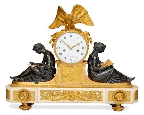 MANTEL CLOCK "L'ÉTUDE ET LA PHILOSOPHIE" Louis XVI, Paris. The case after a drawing by François Rémond, the figures after a model by Simon-Louis Boizot, ca. 1785. The dial signed "Bertrand à Paris".