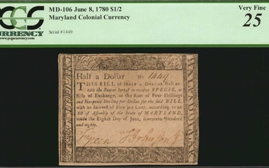 MD-106. Maryland. June 8, 1780. $1/2. PCGS Currency Very Fine 25.