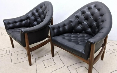 MILO BAUGHMAN Tufted Lounge Chairs. Walnut frames. THA