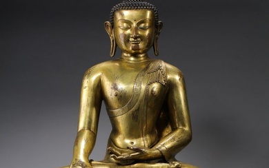 MING DYNASTY GILT BRONZE SAKYAMUNI BUDDHA SITTING STATUE, 15TH CENTURY