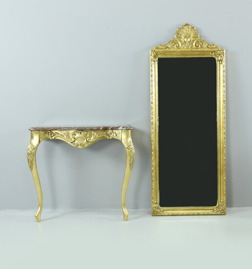 MIRROR AND CONSOLE TABLE, marble, gilded, 20th century.