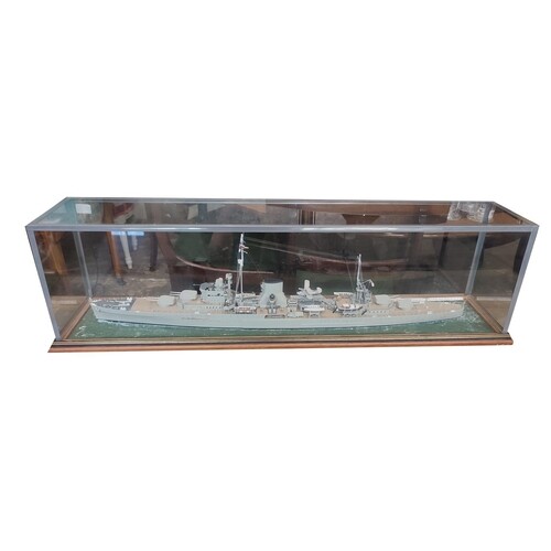 HMS AJAX, BT JOHN R HAYNES plastic scale model in glass ele...