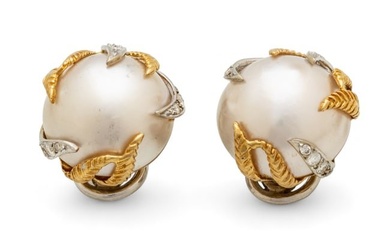 Mabe Pearl, Diamond & 14k Gold Clip Earrings, Ca. 1960, 17g 1 Pair