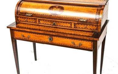 Mahogany and Rosewood Marquetry Inlaid Cylinder/Roll Top Writing Desk, H 36”, W 39”, D