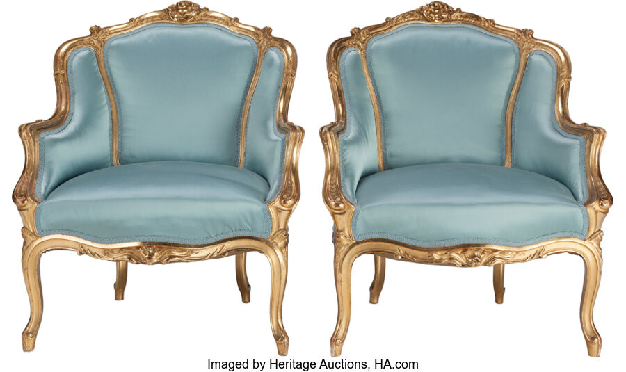 Maker unknown, A PAIR OF FRENCH LOUIS XV-STYLE UPHOLSTERED GILT WOOD BERGÈRES, (circa 1900)