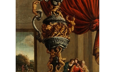 Maler des ausgehenden 17./ beginnenden 18. Jahrhunderts, wohl nach einer Vorlage von Jean Lepautre (1618 – 1682), INNENRAUM MIT FIGUREN UND MONUMENTALER PRUNKVASE