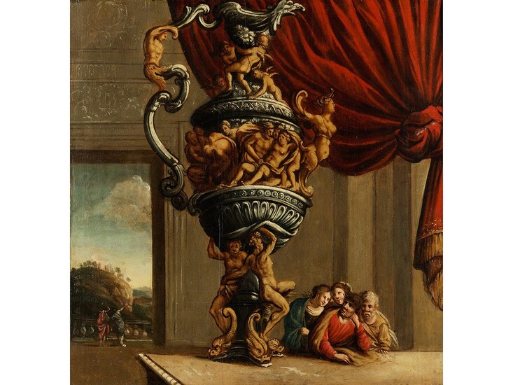 Maler des ausgehenden 17./ beginnenden 18. Jahrhunderts, wohl nach einer Vorlage von Jean Lepautre (1618 – 1682), INNENRAUM MIT FIGUREN UND MONUMENTALER PRUNKVASE