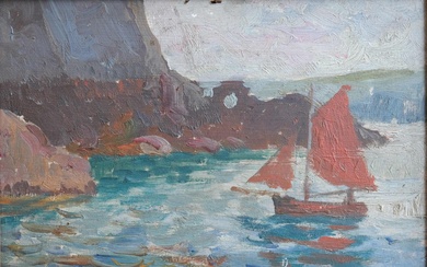Maxime MAUFRA (1861-1918) "Côte rocheuse en voilier" huile sur panneau signée au revers 16.5 x...