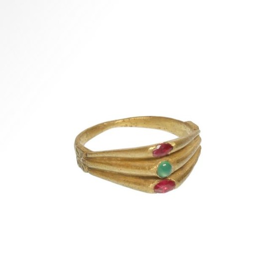 Medieval Triple Gold Ring with Rubies and Emerald