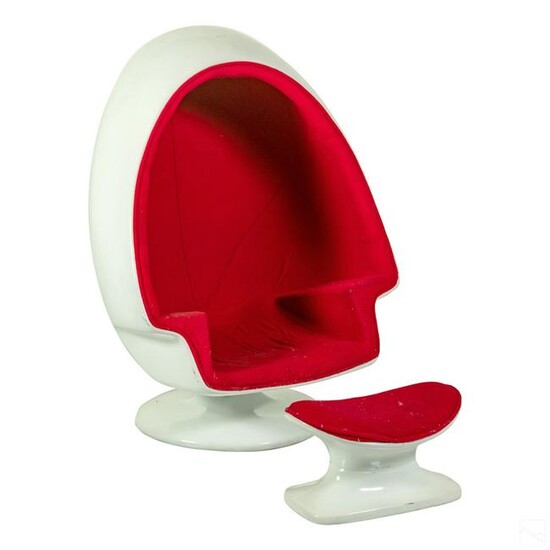 Mid Century Modern Alpha Red Egg Chair and Stool