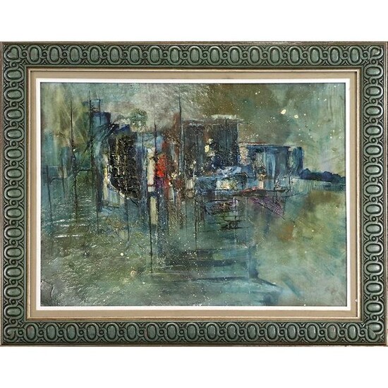 Mid-Century Modern Cityscape Abstract Oil/b Painting