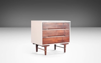Mid Century Modern Two Tone Dresser By Stanley in White and Walnut w/ Brass Detailing USA c. 1960s