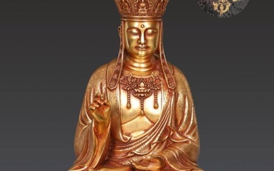 Ming Dynasty, finely cast copper-based gilded Ksitigarbha Bodhisattva seated statue