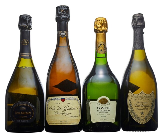 Mixed Champagne, Dom Ruinart 1996 Levels one into foil and one 2.5cm below foil (2) Philipponnat, Clos des Goisses 2000 Level 2cm below foil (1) Taittinger, Comtes de Champagne 2000 Levels 2cm below foil (2) Dom Pérignon 2003 (1)